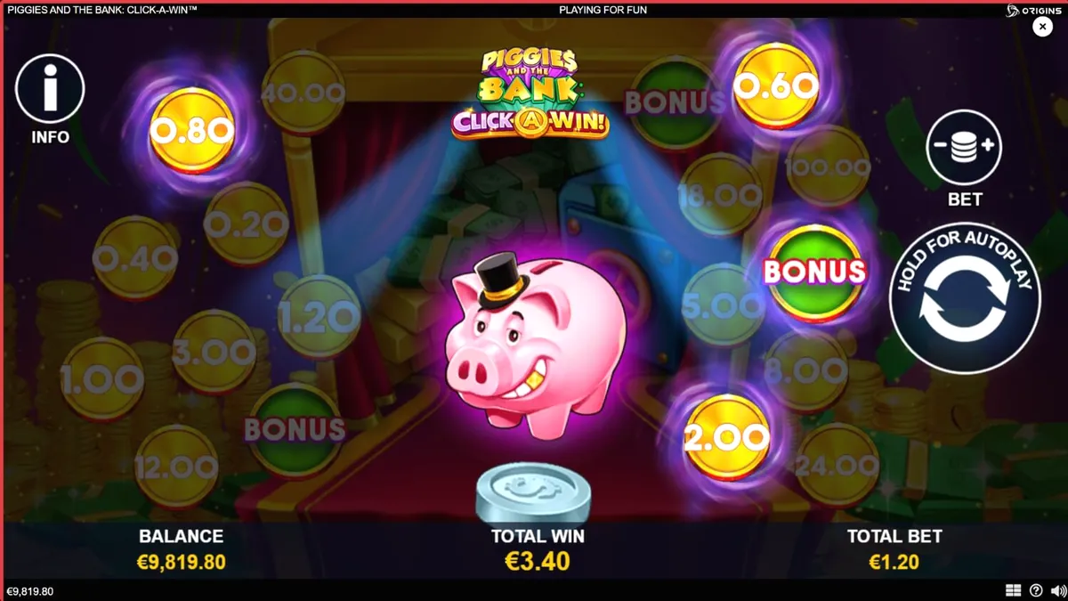 Tampilan visual slot Piggies and the Bank: Click-A-Win dengan karakter babi bertopi tinggi.
